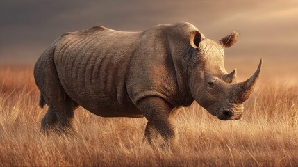 Obraz premium a large mechanical rhinoceros stands prominently in a grassy field, its metallic frame contrasting with the natural environment around it