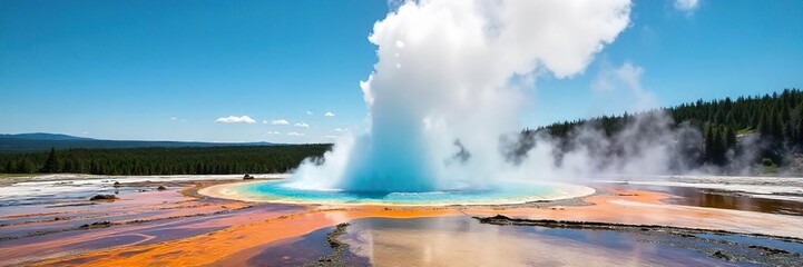 Spectacular geyser erupting, sending scalding water high into the air against a vibrant blue sky A dramatic display of geothermal power in a stunning natural landscape , thermal, earth