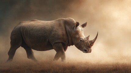 Obraz premium an artistic rendering of a rhino standing in a dry grass field with the sky as its backdrop