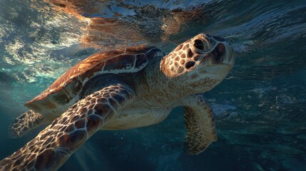 Fototapeta premium a moment of an adult sea turtle swimming in open water