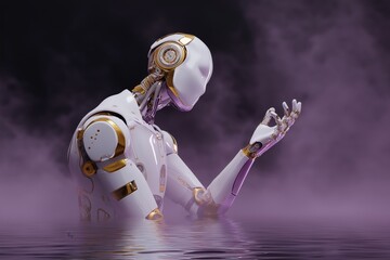 Futuristic humanoid robot in misty purple atmosphere with reflective gold accents