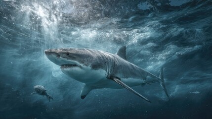 Naklejka premium a shark swimming in an underwater environment with bubbles from breathing, surrounded by deep blue ocean waters