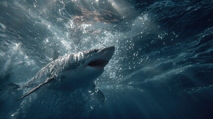 Naklejka premium an underwater scene with a great white shark swimming through the ocean. the shark's mouth is open, and it appears to be in motion