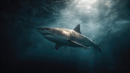 Fototapeta premium a shark swimming in an underwater environment with bubbles indicating movement