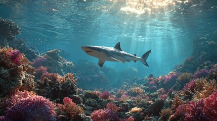 Fototapeta premium an underwater scene where a shark is swimming among coral reefs