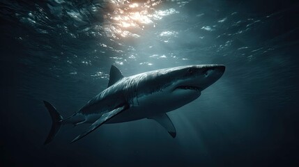 Fototapeta premium this image captures a dramatic underwater scene featuring two sharks in close proximity to each other. the larger one is facing forward with its mouth open as if swimming