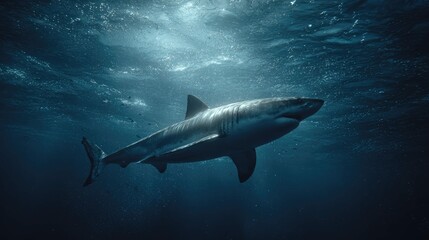 Fototapeta premium two great white sharks in their natural oceanic habitat. one of the sharks is swimming near the surface while the other is slightly deeper below