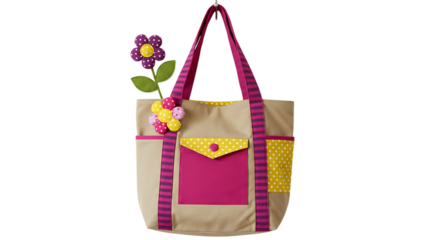 Playful tote bag with floral accent and polka dots