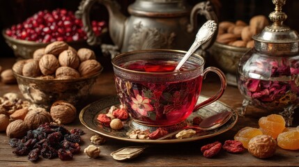 Fototapeta premium Red tea with nuts and dried fruits