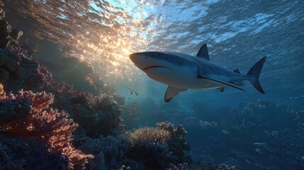 Fototapeta premium an underwater scene featuring a great white shark swimming among coral reefs. the shark is in motion, adding a sense of dynamism to the image