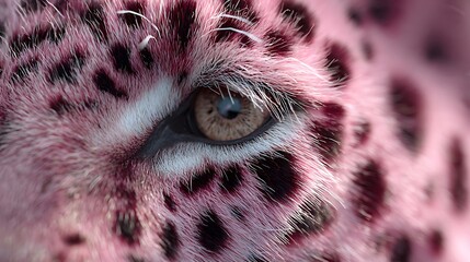 Extreme close-up of a surreal pink leopard's eye, showcasing the detailed texture of its spotted fur.