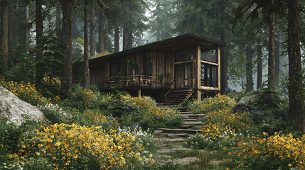 forest villa cabin design with modern architecture surrounded by pine trees and summer wildflowers offering a scenic retreat lifestyle concept perfect for peaceful retirement living