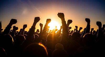 Fototapeta premium Silhouetted Crowd Raising Fists in Powerful Sunset Protest Demonstration