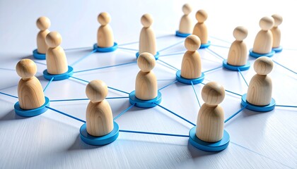 Network of wooden figures connected by blue lines on white surface representing connection and teamwork