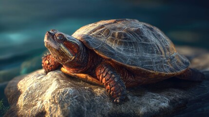 a turtle partially submerged in water. the turtle has a brownish green shell with visible patterns, typical of many turtle species. it is positioned on rocks that are partly covered by water