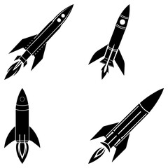 Four black and white rocket ships with flames taking off in different directions on a white background