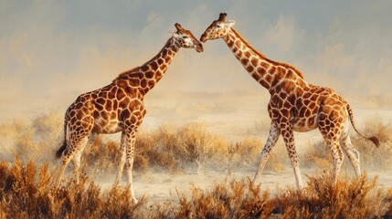 two giraffes in a desert like setting with dry vegetation. they are captured mid action, with their necks intertwined as they engage in what appears to be a social interaction or playful behavior © hanisah