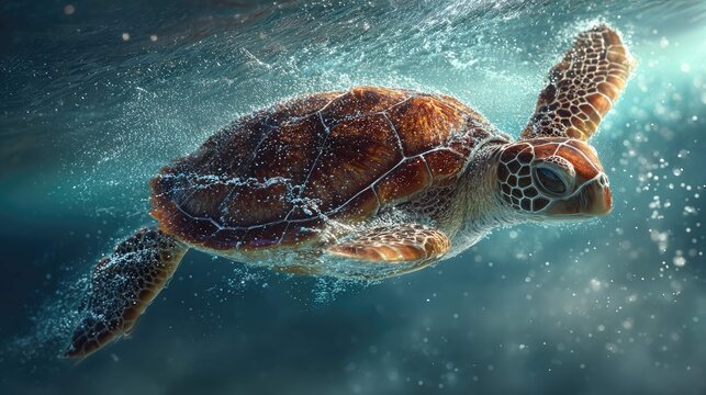 a sea turtle swimming in an underwater environment. the turtle is depicted with its head turned to look towards the viewer, moving through water that is adorned with small bubbles
