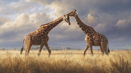Obraz premium in this serene image, two majestic giraffes are depicted in a natural habitat. they stand side by side in a field of tall grass, their long necks reaching towards the sky