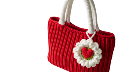 Red knitted bag with heart charm, charm, love, handmade