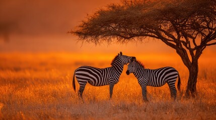 Obraz premium a tranquil scene of two zebras standing in a field under a large tree during what appears to be sunset
