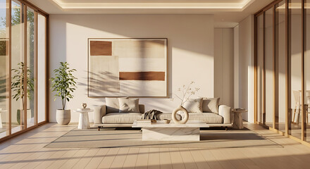 Fototapeta premium Serene Minimalist Living Room: Warm Sunlight, Neutral Tones, Modern Sofa