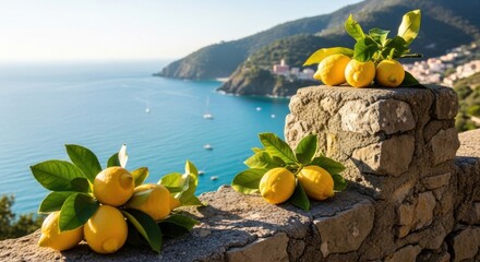 Lemon Fruits with Green Leaves on Stone Wall Overlooking Sea and Coastal Hills