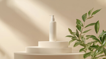 Wooden-capped white cosmetic containers resting on rustic wooden surface, complemented by delicate cherry blossom branch, highlighting natural skincare aesthetic