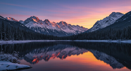 Snowy mountains reflect lake sunset colors