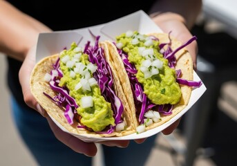 Delicious guacamole tacos with red cabbage topping