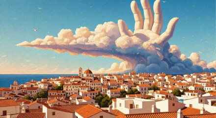 Surreal Cityscape with Large Hand Shaping Cloud Formation Above Coastal Town