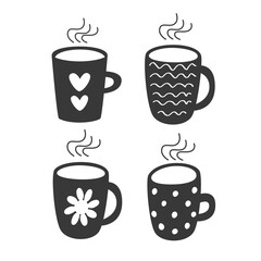 Cute coffee mug bundle with different patterns and steam. Modern vector illustration for barista projects, lifestyle blogs, branding and cozy morning themes.