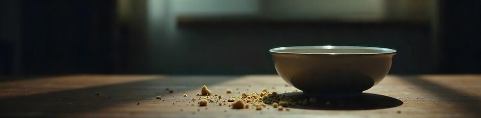 Empty bowl, crumbs on a table, dimly lit room, conveying feelings of emptiness and lack of appetite associated with depression , monochrome, hunger pangs, emotional distress