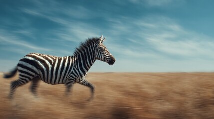Fototapeta premium A zebra is running across a field with a blue sky in the background