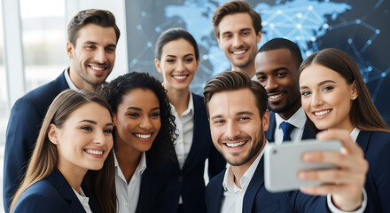 Diverse Business Team Taking Happy Selfie, Modern Office, Global Networking Concept