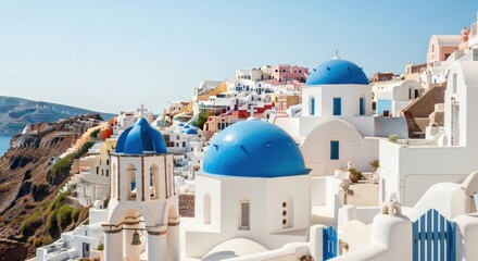 Scenic Greek Village with White Buildings and Blue Domed Churches in Santorini