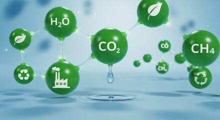 Visualize molecules like H2O, CO2, CH4 and environmental icons for sustainable industry concepts.