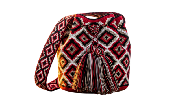 Woven bag with tassels, vibrant geometric pattern, bohemian style
