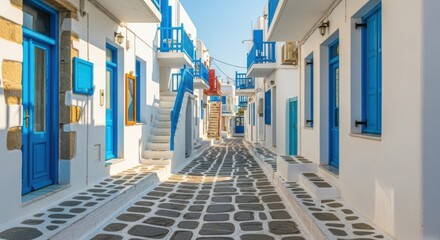 White Mediterranean Village with Bright Blue Doors and Windows in Sunny Coastal Town
