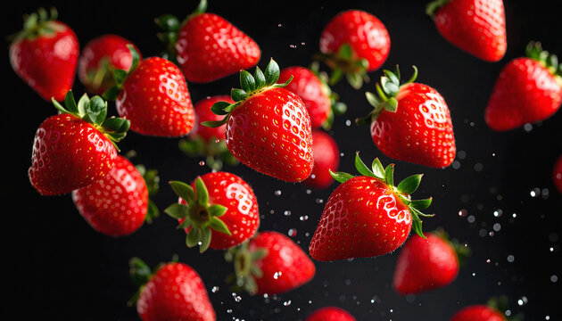 Fresh strawberries floating in midair against dark background