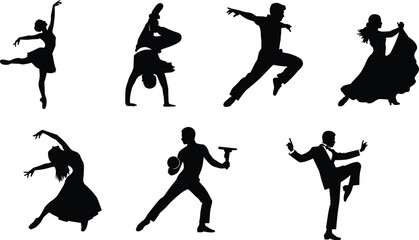 Dance silhouettes showing ballet, breakdance, jazz, flamenco, modern dance, boxing dancer, and swing dancer in elegant black poses