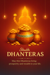Shubh Dhanteras celebration illustration with golden pots filled with coins glowing diya and goddess silhouette symbolizing prosperity