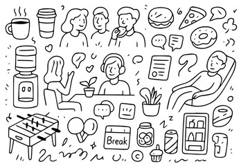 Hand-drawn doodle style vector set, sketchy playful outlines, cartoon casual look, office lifestyle and breaks theme, Ideal for Both Digital and Print Use
