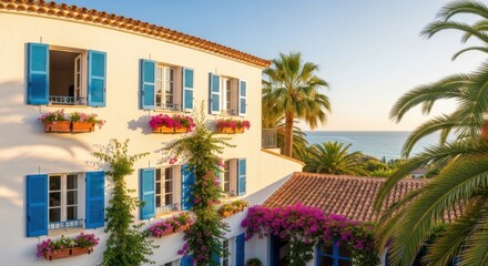 Bright White Mediterranean Style Building with Blue Shutters and Pink Flower Boxes Near Ocean