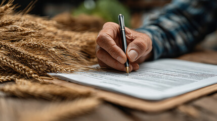 Fototapeta na wymiar rural agriculture protection crop insurance policy contract signing with farmer pen tools paperwork harvest risk coverage legal security finance business support document