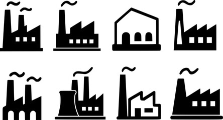 Industrial flat icon set in black and white style | factory, tools, machinery, engineering symbols.