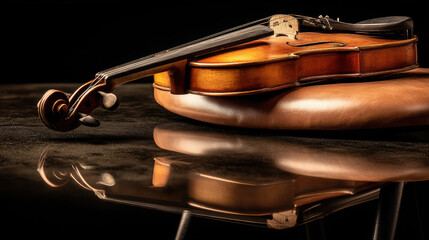 Violin wooden classic brown string acoustic instrument side light hard shadow reflection violin on stool with side light and hard shadow, warm tone, artistic calm mood