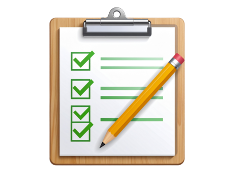 Flat Clipboard with Pencil Icon Showing Checklist and Tick Marks, Minimal Design, Isolated on Transparent Background