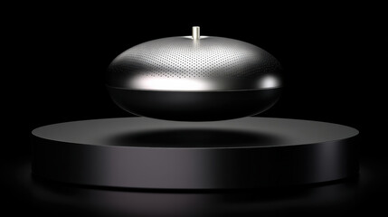 Futuristic floating smart speaker metallic black minimal modern levitation technology sleek round pedestal platform stage spotlight glossy matte perforated grille silver dark ring pod device audio