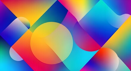 Obraz premium Abstract geometric background with overlapping colorful gradient shapes including circles, squares, and triangles in a vibrant modern design